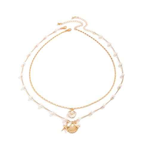 Goiern 2Pcs Muschel Halskette, Bohemian Puka Layered Seestern Muschel Choker Halsketten Surferkette Für Frauen Sommer Strand Urlaub Strand Surfer Schmuck von Goiern
