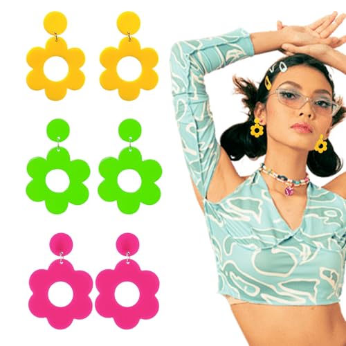 Goiern 3 Paare Neon Ohrringe Damen - Acryl Vintage Blumen Gänseblümchen Earrings Mit Niedlichen Hohlen Anhängern für Frauen Mädchen - 60er 70er 80er Party Zubehör von Goiern