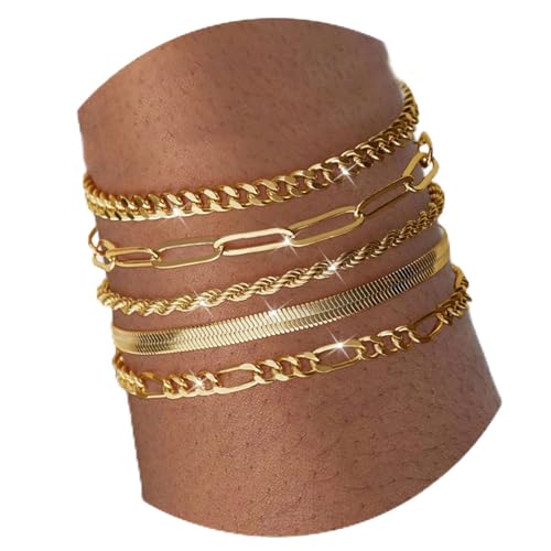 Goiern 5er Ketten Armband für Damen - 14K Vergoldeter Twist Kettenarmbänder Set mit Verstellbaren Armbänder - Silber, Gold | Damen/Mädchen von Goiern