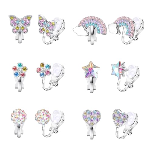 Goiern 6 Paar Hypoallergene Ohrclips für Mädchen Clip Ohrringe Kinder ohne Ohrloch Klipp Ohrringe in Herzform Schmetterlings und Blumenmuster für Kinder Mädchen von Goiern