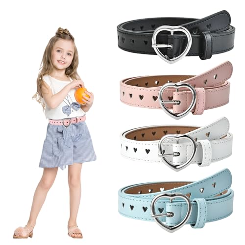 Goiern Mädchen Gürtel (4er Pack), Süße Herzform Gürtel, Anpassbarer PU Leder Kinder Gürtel mit Metall Klettverschluss, 95CM 4 Farben: Schwarz Weiß Blau Rosa von Goiern