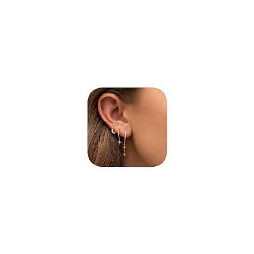 Goiern Ohrringe Set 3 Paar 18k Vergoldet Ohrstecker Set Mond Und Die Sterne Zirkonia Ohrringe Vergoldete Creolen mit Anhänger Minimalistische Earings von Goiern
