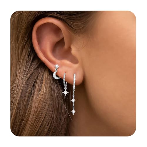 Goiern Ohrringe Set 3 Paar Ohrstecker Set Silber Mond Und Die Sterne Zirkonia Ohrringe Creolen mit Anhänger Minimalistische Earings von Goiern