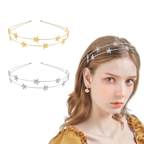 Goiern Stern-Stirnband Metall-Stern-Haarband Strass-Legierungs-Kopfbedeckung Dekorativer Kristall-Haarreifen Goldsplitter Haarschmuck für Frauen Party Mädchen(Gold+Silber) von Goiern