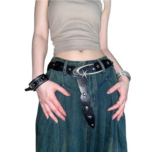 Goiern Sternbestickter Leder Gürtel Schwarzer Modischer Leder Verstellbare Gürtel Y2K Leder Accessoires für Frauen von Goiern