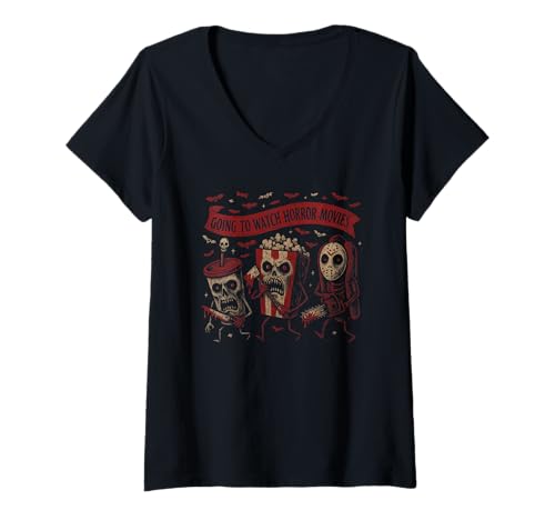 Damen Horrorfilme ansehen Grusel-Snack Halloween-Kostüme T-Shirt mit V-Ausschnitt Damen Horrorfilme ansehen Grusel-Snack Halloween-Kostüme T-Shirt mit V-Ausschnitt von Going To Watch Horror Movies Scary Snack Halloween