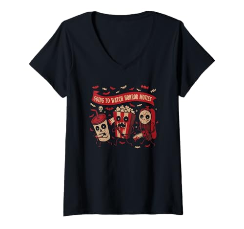 Damen Horrorfilme ansehen Grusel-Snack Halloween-Kostüme T-Shirt mit V-Ausschnitt Damen Horrorfilme ansehen Grusel-Snack Halloween-Kostüme T-Shirt mit V-Ausschnitt von Going To Watch Horror Movies Scary Snack Halloween