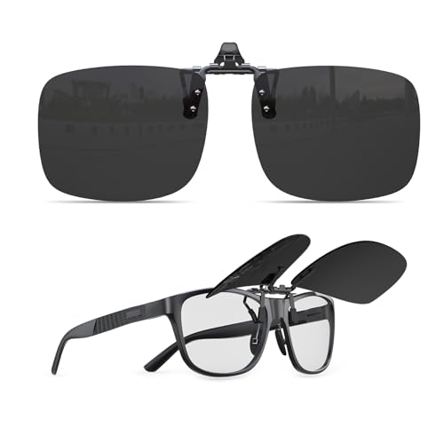 Goiteia Polarisierte Flip-up-Sonnenbrille mit Clip über verschreibungspflichtigen Brillen für Männer und Frauen, einfach an- und auszuziehen, einhändig, Schwarze superdunkle Cat.4-Gläser für von Goiteia