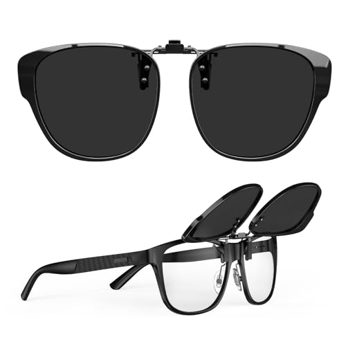 Goiteia Polarisierte Sonnenbrille zum Anklippen über verschreibungspflichtigen Brillen für Damen und Herren, rundes gerahmtes Design zum diskreten Verbergen Ihrer Brille, hochklappbar, UV400-Schutz von Goiteia
