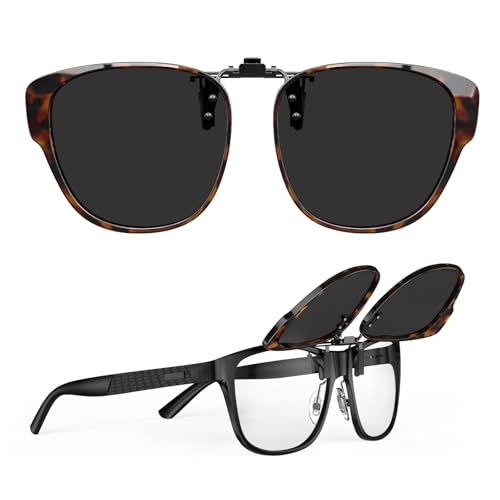 Goiteia Polarisierte Sonnenbrille zum Anklippen über verschreibungspflichtigen Brillen für Damen und Herren, rundes gerahmtes Design zum diskreten Verbergen Ihrer Brille, hochklappbar, UV400-Schutz von Goiteia