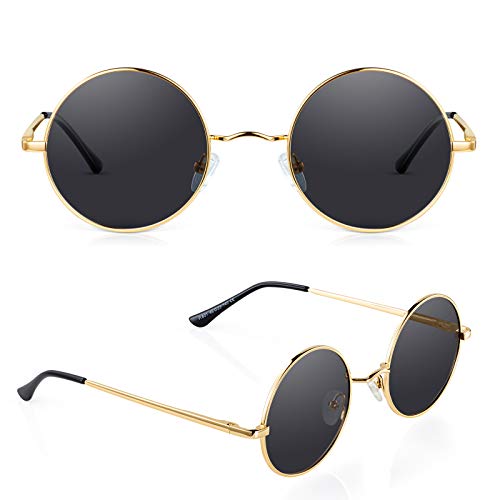 Polarisierte Retro Runde Sonnenbrille Herren Damen - Vintage Steampunk Sonnenbrille Anti Blend UV400 Schutz mit Vintage Kreis Metallrahmen Federscharnier zum Fahren Einkaufen Reisen (Goldener Rahmen) von Goiteia