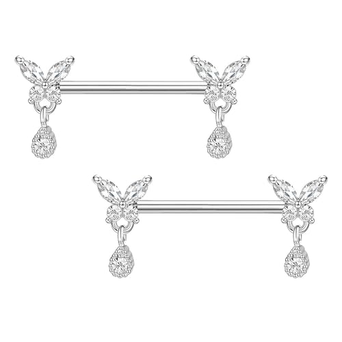 Gojewen 2er Brustwarzenpiercing Nippel Ring Barbell 14mm Chirurgenstahl Silber Brustpiercing Schmetterling Piercing Brustwarze Schmuck Damen Frau von Gojewen