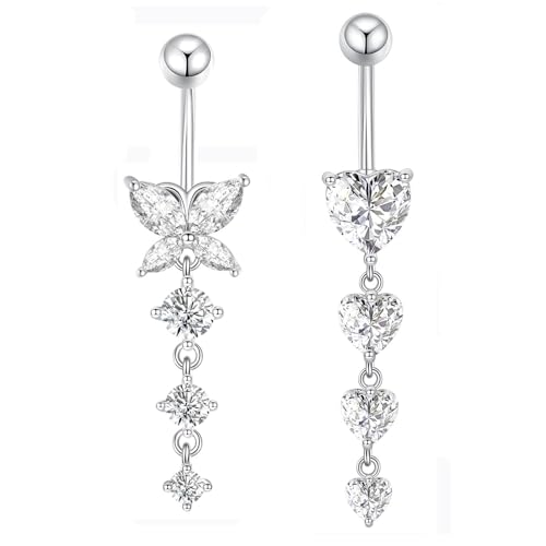 Gojewen 2stk Bauchnabelpiercing 10mm Silber Chirurgenstahl Herz Schmetterling Anhänger Piercing Bauchnabel Bauchpiercing Damen von Gojewen