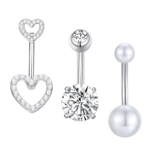 Gojewen 3stk Bauchnabelpiercing Silber 10mm Chirurgenstahl Bauchpiercing 14G Perle Herz Piercing Bauchnabel Schmuck Damen von Gojewen