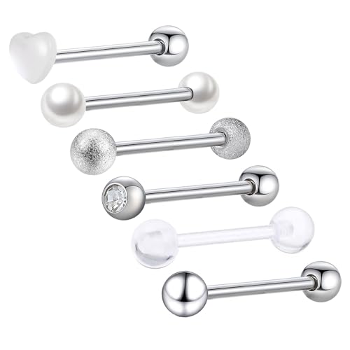 Gojewen 6stk Silber Zungenpiercing 16mm Stablänge Chirurgenstahl 14G Piercing Zunge Tongue Barbells Schmuck Damen Herren Herz von Gojewen