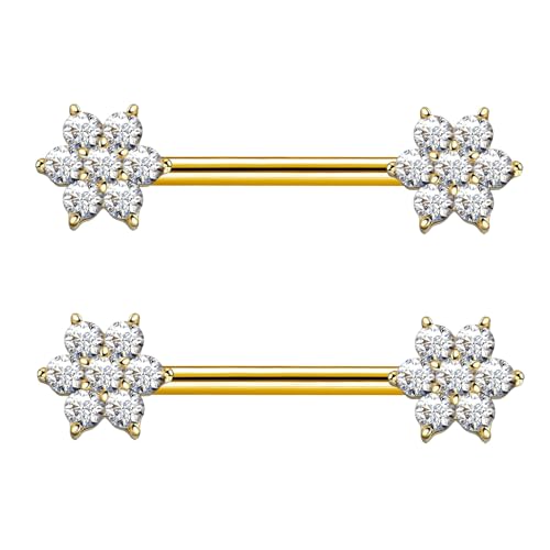 Gojewen Brustwarzenpiercing 14mm Gold Stablänge Chirurgenstahl Blume Nippelpiercing Nipple Brustwarze Piercing Bars Damen Frau von Gojewen