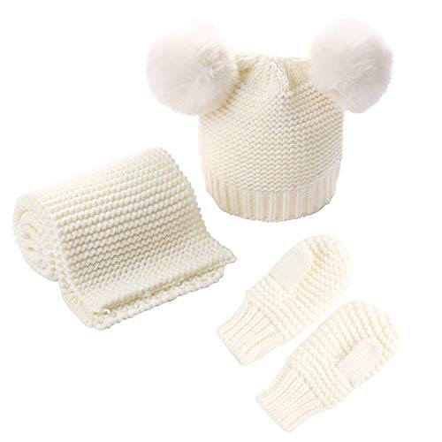 Baby Mütze Schal Handschuhe Set Kleinkind Winter Gestrickte Pompon Mütze Halswärmer Fäustlinge für 0-3Y Jungen Mädchen, weiß, M von Gojiny