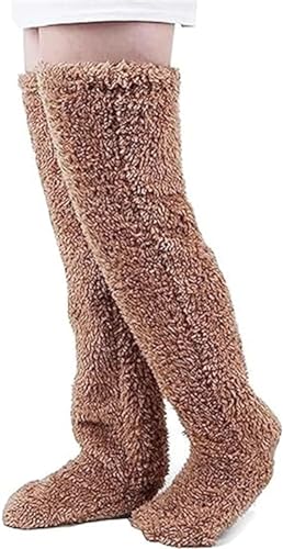 Teddy Legs Socks, Damen Plüsch Overknee Socken, Over Knee High Fuzzy Plush Slipper Stockings, Teddy Legs Socks Fleece Overknee Strümpfe Stulpen Damen Winter Warme Socken (Brown) von Gokame