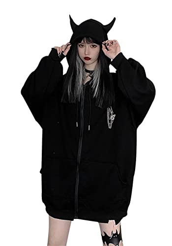 GokeJE Frauen Oversized Teufelshorn Hoodie mit Kapuze Y2k Reißverschluss Sweatshirt Casual Lose Langarm Hoodies Pullover Tops, Schwarz, XS von GokeJE