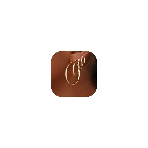 Gokeey Goldenes Creolen-Set für Damen, 14 Karat echtvergoldet, mit S925 Sterlingsilber, hypoallergen, dünne Creolen, Goldohrringe für Frauen, trendiger Schmuck, Geschenke, Messing, Kein Edelstein von Gokeey