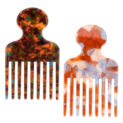 2stk Breitzahn-Haarpickkamm für Lockiges Haar, 12cm Glatter Entwirr und Hebekamm Stylingwerkzeug für Männer Frauen Dickes Langes Haar Knotenreduzierung Volumengebung (Gelb Blau, Blau Braun) von Goktvai