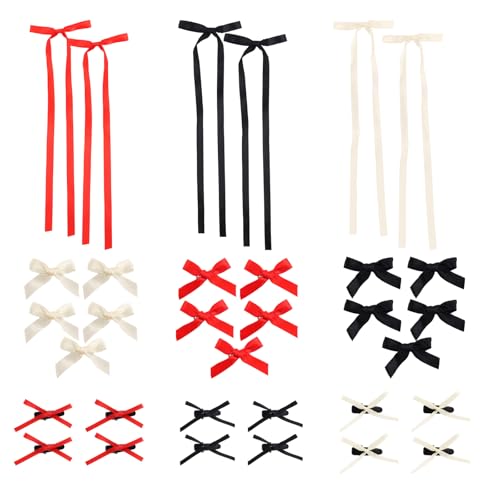 33 Haarspangen mit Schleife, 3 Stile Polyester Süße Mini Schleifenbänder Schleifenclips Kleine Alligator Haarschmuck mit Langem Schwanz für Mädchen und Frauen (Rot, Weiß, Schwarz) von Goktvai