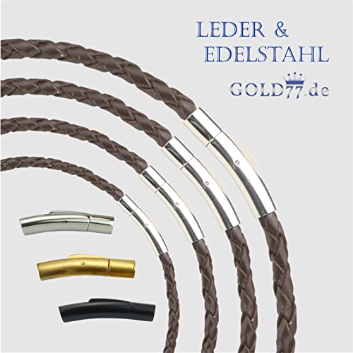 Lederkette geflochten DUNKEL-BRAUN | Armband 18-23 cm - Halsband 36-70 cm | 4 Stärken | Verschlüsse in Silber/Schwarz/Gold, Länge:Kette 36 cm, Stärke + Verschlußfarbe:4 mm | Verschluß Gold von Gold77