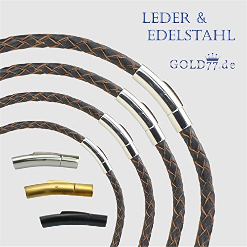 Lederkette geflochten SCHWARZ-NATURrand | Armband 18-23 cm - Halsband 36-70 cm | 4 Stärken | Verschlüsse in Silber/Schwarz/Gold, Länge:Kette 38 cm, Stärke + Verschlußfarbe:3 mm | Verschluß Silber von Gold77