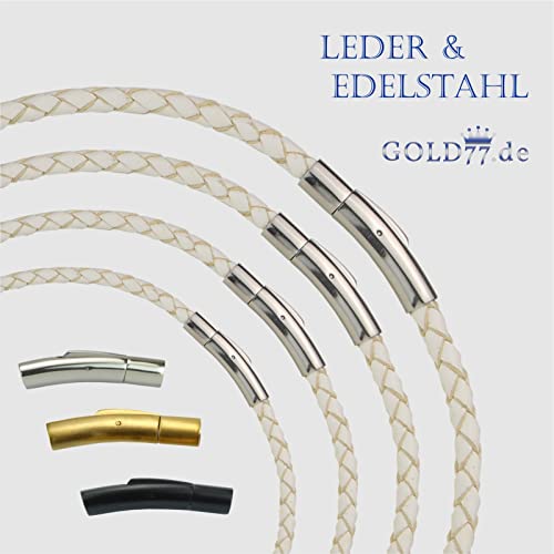 Gold77 Lederkette geflochten WEISS | Armband 18-23 cm - Halsband 36-70 cm | 4 Stärken | Verschlüsse in Silber/Schwarz/Gold, Länge:Kette 40 cm, Stärke + Verschlußfarbe:5 mm | Verschluß Silber von Gold77