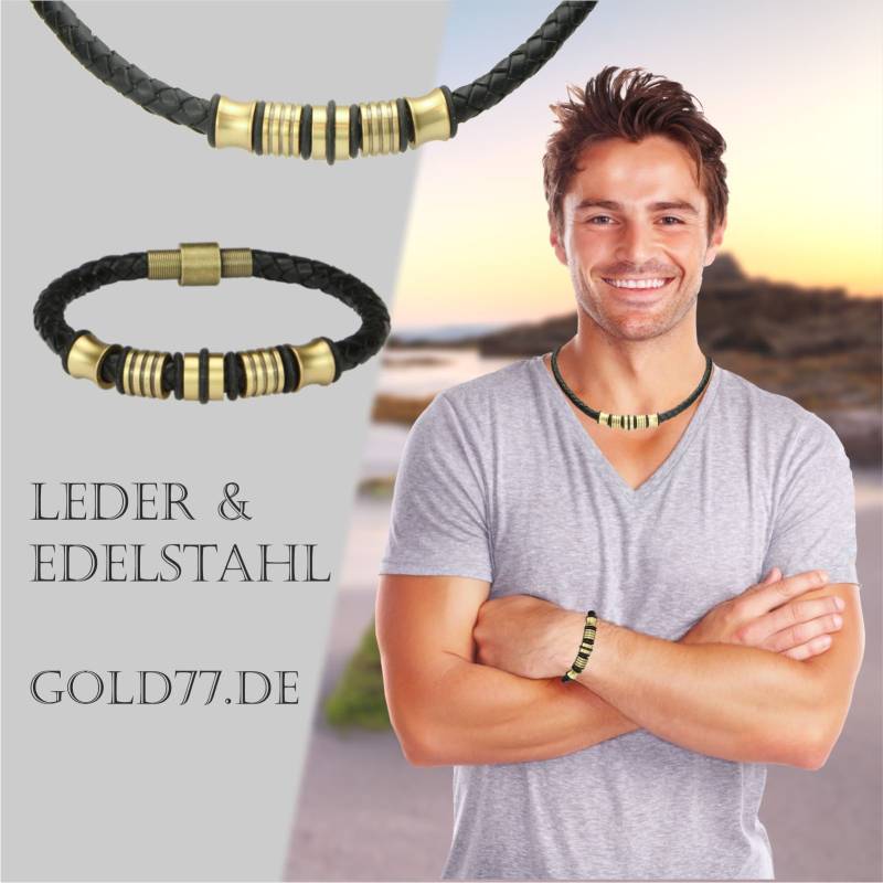 Eco-Lederkette Armband Herrenschmuck Eco-Vintage Beads + Magnetverschluss Edelstahl Antik-Messing-Look | Als Set Oder Einzeln von Gold77de