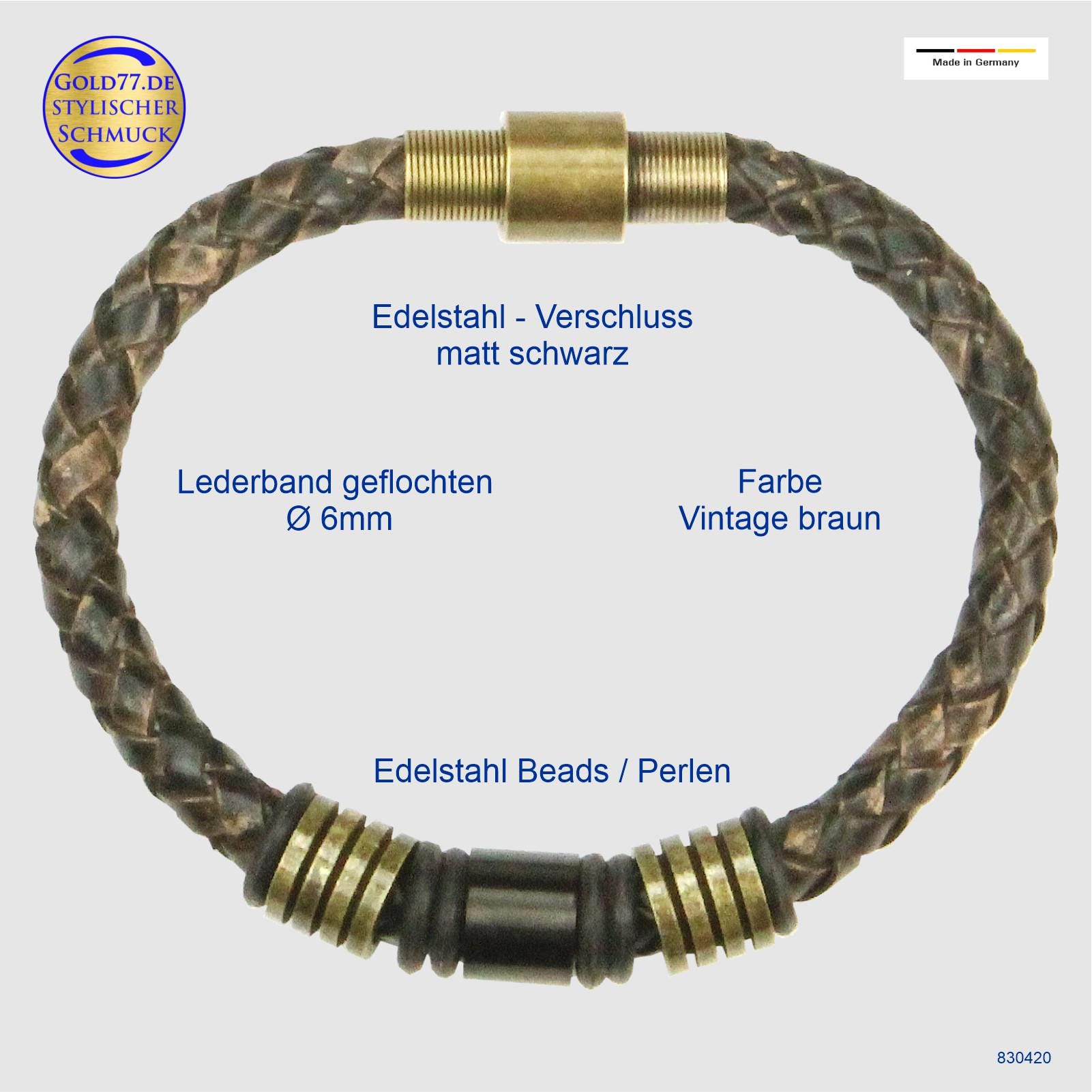 Lederarmband Vintage-Dunkelbraun Geflochten Mit 3 Edelstahl-Beads | 18-23 cm Magnetverschluß Herren von Gold77de