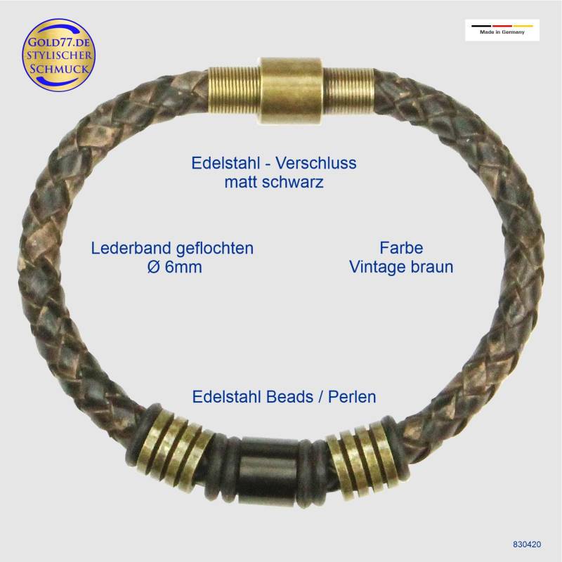 Lederarmband Vintage-Dunkelbraun Geflochten Mit 3 Edelstahl-Beads | 18-23 cm Magnetverschluß Herren von Gold77de