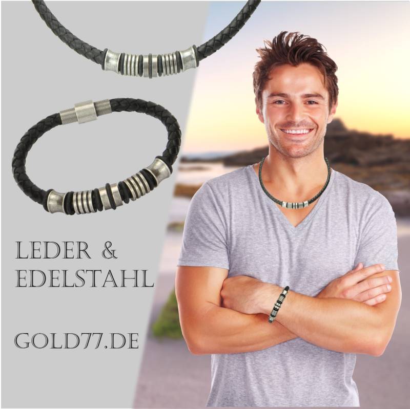 Lederkette/Armband Herrenschmuck Eco-Vintage Beads + Magnetverschluss Edelstahl Antik-Silber-Look | Als Set Oder Einzeln von Gold77de