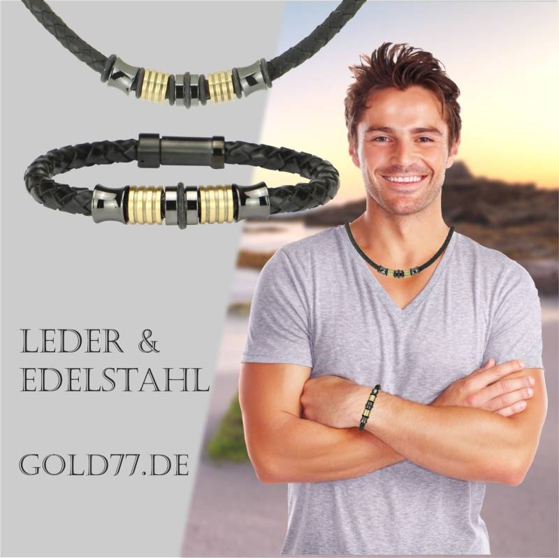 Lederkette/Armband Herrenschmuck Eco-Vintage Beads Edelstahl Grafit/Messing-Look | Als Set Oder Einzeln von Gold77de