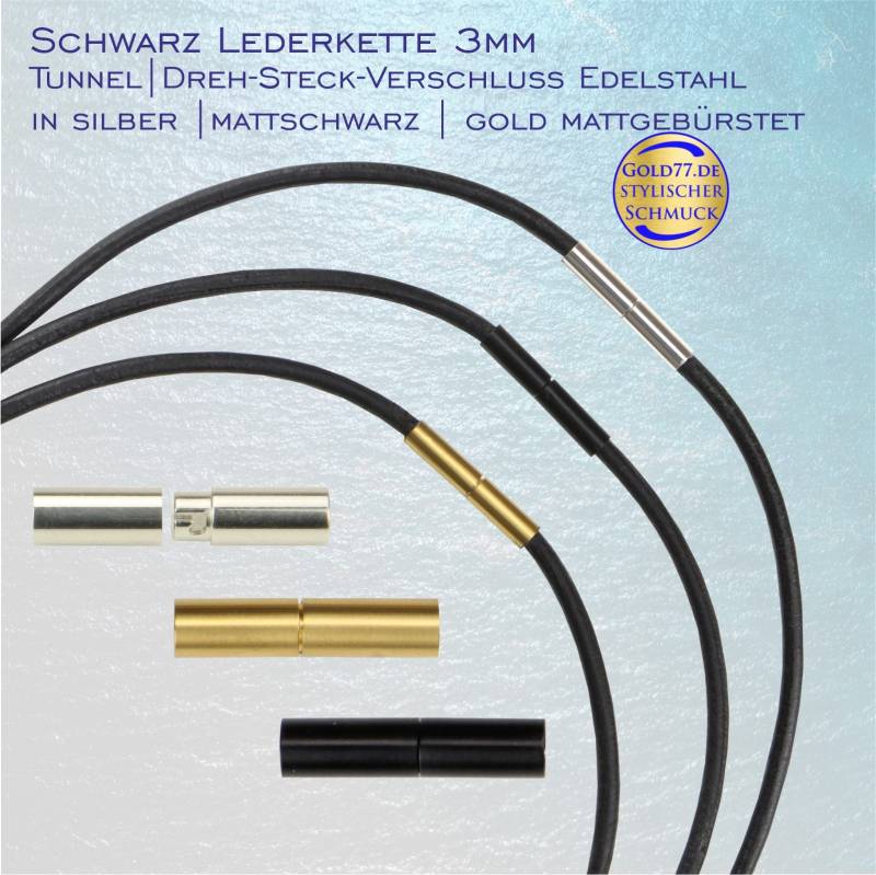 Lederkette Glatt in 5 Farben | Stärke 3 Mm Länge 38-70 cm Drehverschluss Tunnelverschluß Verschlussfarben von Gold77de