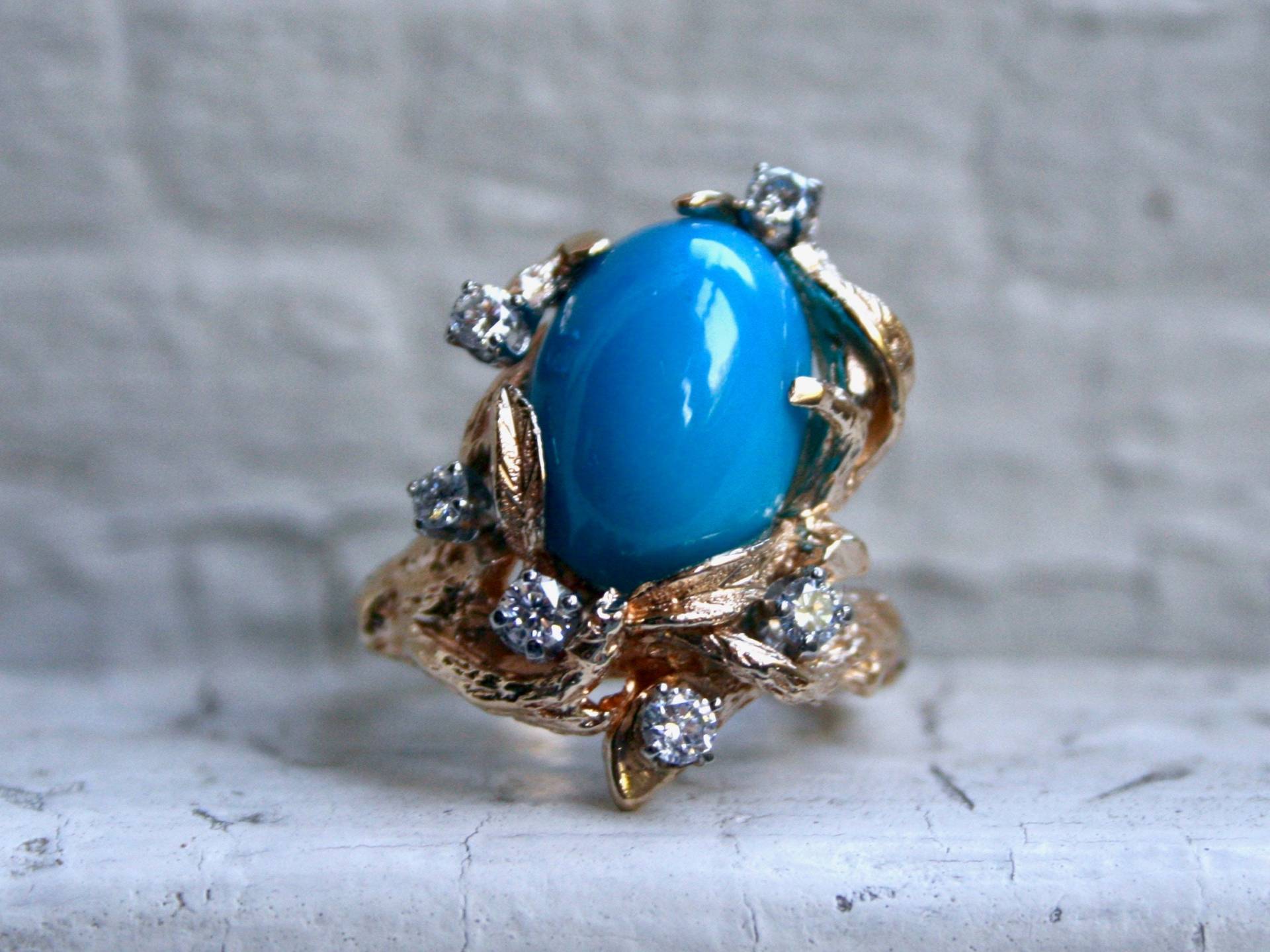 Wunderschöne Antike 14K Gelbgold Diamant Und Türkis Ring von GoldAdore