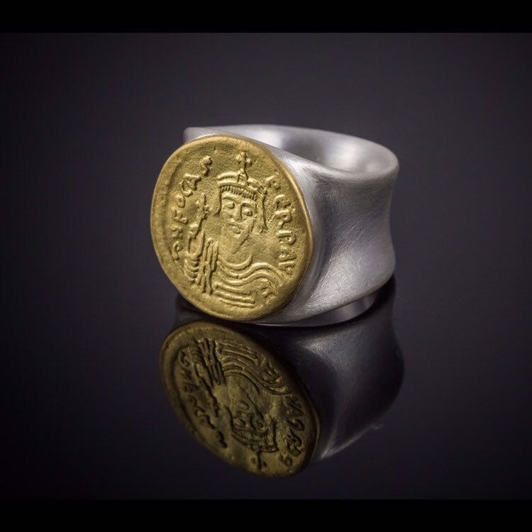 Antiker Siegelring, 22K Massive Gold Münze An Öffnung Sterling Silber Ring, Statement Unisex Feiner Schmuck, Handgemacht. Resizable von GoldArtJewelry