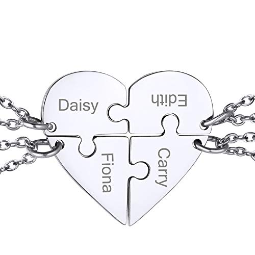 GOLDCHIC JEWELRY Edelstahl Freundschaftskette für 4 Personalisierte Puzzle Ketten Silberfarbe Halskette Damen Kette Herz Puzzle Anhänger mit Namen Anpassen Unisex Familie Halskette Set von GOLDCHIC JEWELRY