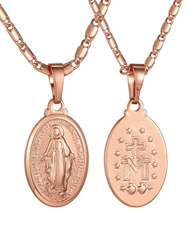 GoldChic Medaille Halskette Damen Jungfraumaria Kette Rosegold Kettenanhänger Heilige Maria Gliederkette 51CM Wundertätige Medaille Wundertätigemedaillemitkette Kupfer Amulett Schmuck für Ostern von GoldChic