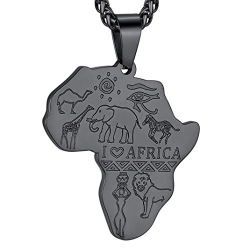 Edelstahl Damen Afrika Karte mit I LOVE AFRICA Gravur Tier Afrika Kartenanhänger Profil Landkarte von Afrika Anhänger Biker Schmuck-Accessoires in Schwarz mit 56cm+5cm Verlängerungskette von GOLDCHIC JEWELRY