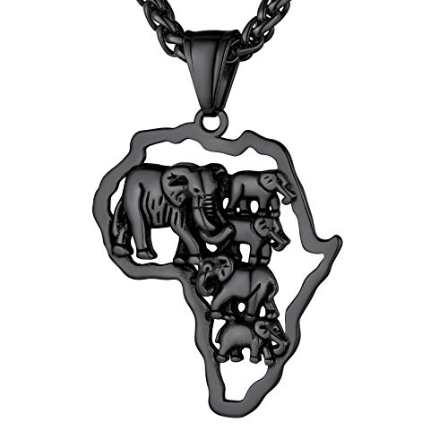 Edelstahl 3D-Elefant Hohle Afrika Karte Anhänger Halskette für Damen/Herren Profil 5 Elephanten Aushöhlen Afrika Karten Anhänger Bling Afrika Landkarte Anhänger mit 56cm+5cm Kette in Schwarz von GOLDCHIC JEWELRY