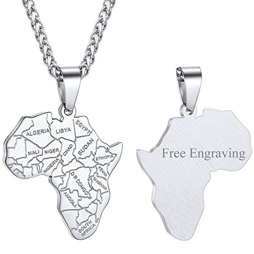 Englische Landesgrenze Afrika Karte Anhänger Halskette mit Wunsch-Motiven Edelstahl Landkarte Afrika Anhänger mit englischer Karten Gravur für Herren/Damen mit 56cm+5cm Verlängerungskette in Silber von GOLDCHIC JEWELRY