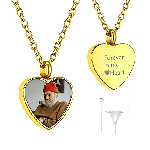 GoldChic Anpassbarer Herz Foto Urnen Kette für Asche mit Textgravur Feuerbestattung Urne Herz Foto Anhänger für Memorial Asche Urnen Anhänger für immer in Herzen Andenken in Gold mit 51cm+5cm Kette von GOLDCHIC JEWELRY