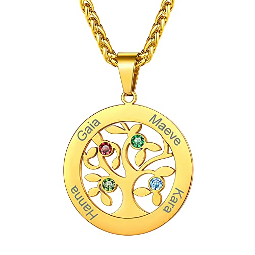 GoldChic Personalisierte Damen Lebensbaum Halskette mit 4 Namegravur 18K Vergoldet Zirkonia Baum des Lebens Namenskette Geschenke für Weihnachten Geburtstag Muttertag von GOLDCHIC JEWELRY