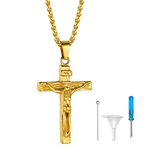 GoldChic Edelstahl Jesus Kreuz Asche Urne Anhänger Halskette Memorial Kreuz Urnekette für Asche 18K Vergoldet Mini Urne Kapsel Pendant Anhänger mit 55cm+5cm Kette von GOLDCHIC JEWELRY