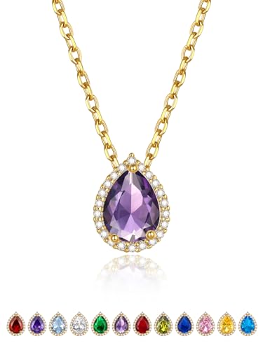 GoldChic Damen Kette Zirkonia Juni Halskette Anhänger Frauenkette 41CM Kupfer Rolokette mit Stein Alexandrit Choker Layering-Kette Solitär Schmuck Accessoire von GoldChic