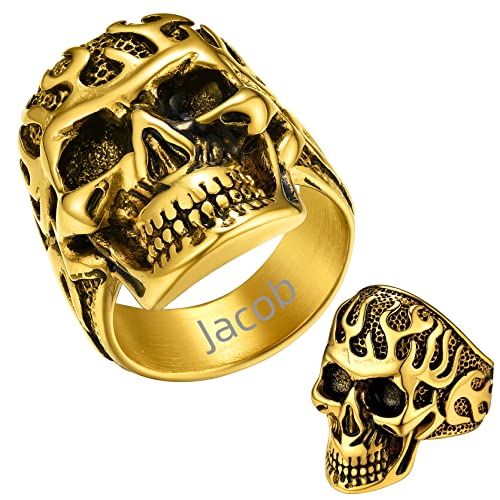 GoldChic 316L Edelstahl Flamme Totenkopf Ring mit Eigenem Namen 18K Vergoldet Biker Ring Herren Skull Siegelring Männer Punk Schädel Statement Fingerring Ringgröße 72.8（23.1） für Männer Junge Frauen von GOLDCHIC JEWELRY