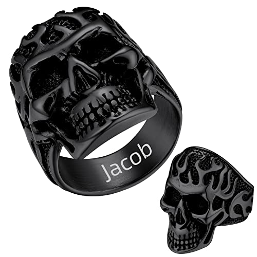 GoldChic 316L Edelstahl Herren Ring Flamme Totenkopf Statement Ring mit Eigenem Namen Punk Biker Skull Siegelring Männer Schädel Fingerring Ringgröße 67.2（21.4） Mode Accessoires für Männer Junge von GOLDCHIC JEWELRY