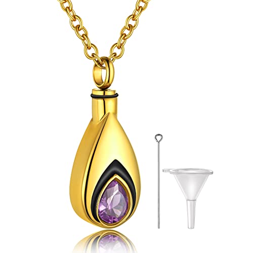 GoldChic Asche Urnen Anhänger Halskette 316L Edelstahl Tropfenförmiger Memorial Schmuck Asche Urnen Andenken Halskette mit Geburtsstein 18K Vergoldet 51cm+5cm lang Urnen Halskette für Memorial von GoldChic