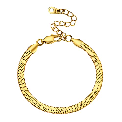 GoldChic Damen Armreif 316L Edelstahl Flaches Schlangenarmband Snake Kette Schlichtes Stapelbares Schlangenkettearmband in 5mm breit ohne Anhänger in Gold mit 16cm+5cm Kette von GoldChic